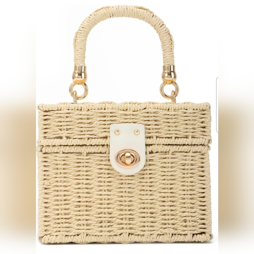 NWT Cream Rattan Shoulder Bag with Gold Accents & Detachable Strap